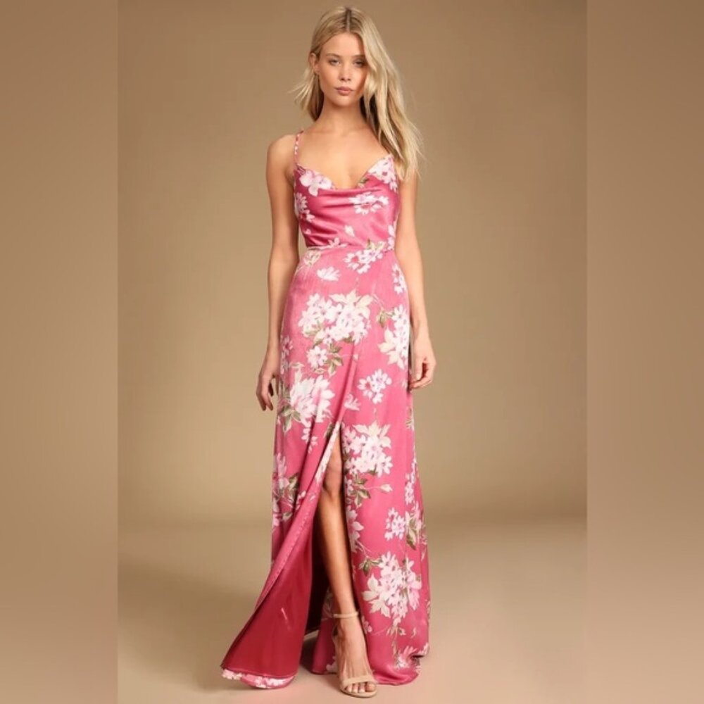 Lulu's Pink Spaghetti Strap Floral Maxi Dress Small